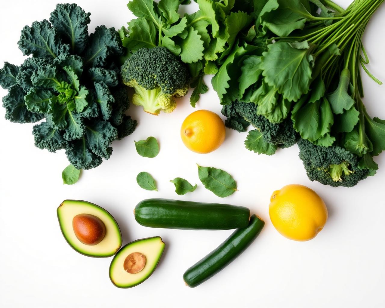 Fresh leafy greens, broccoli, avocado, cucumber and lemons on a clean surface
