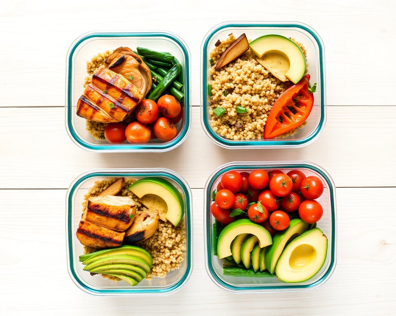 Healthy meal prep containers with grilled chicken, quinoa and roasted vegetables