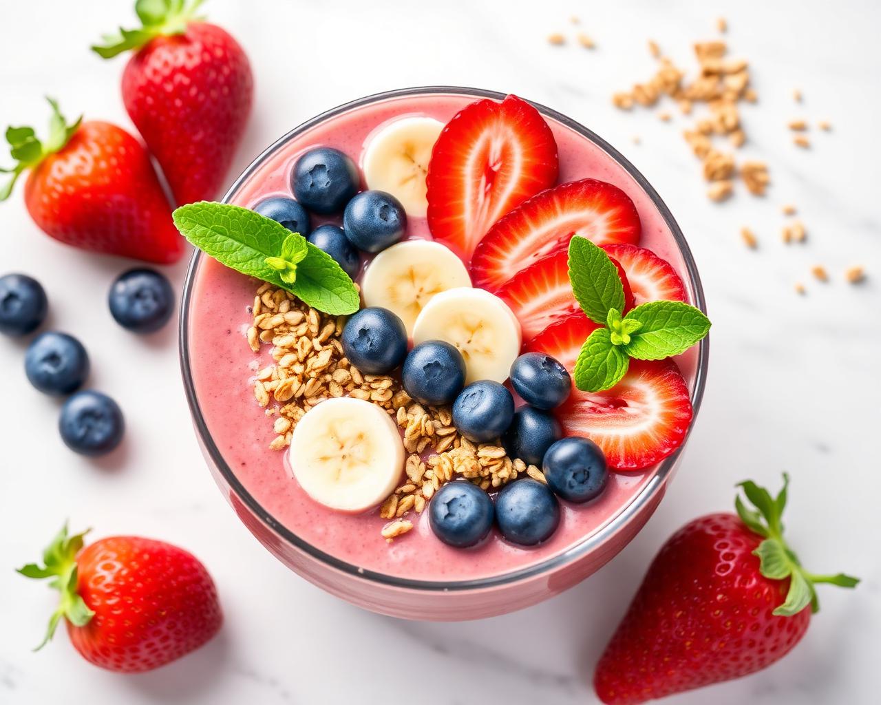 Vibrant smoothie bowl topped with strawberries, blueberries, banana and granola